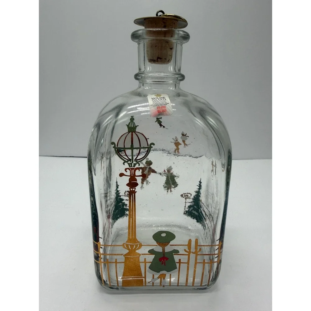 Holmegaard Christmas Decanter 1980s Danish Glass Ice Skating Scene Brass Stopper